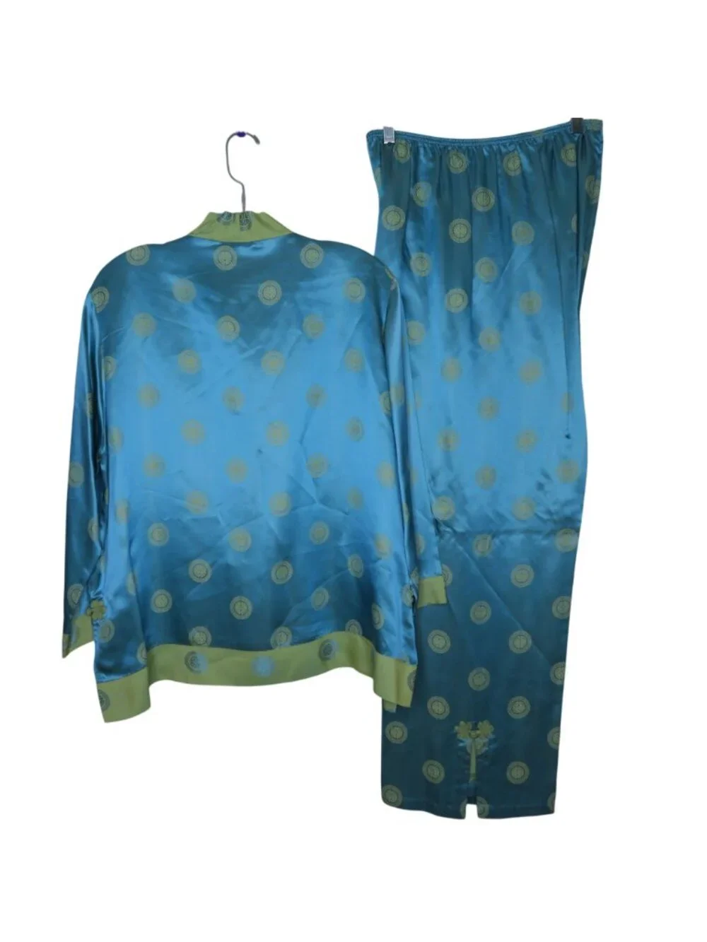 Soft Surroundings Blue Green Silk Blend Pajama Set Embroidered Floral Accents